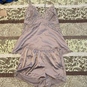 Lace Trim Satin Chemise Set in Lavender